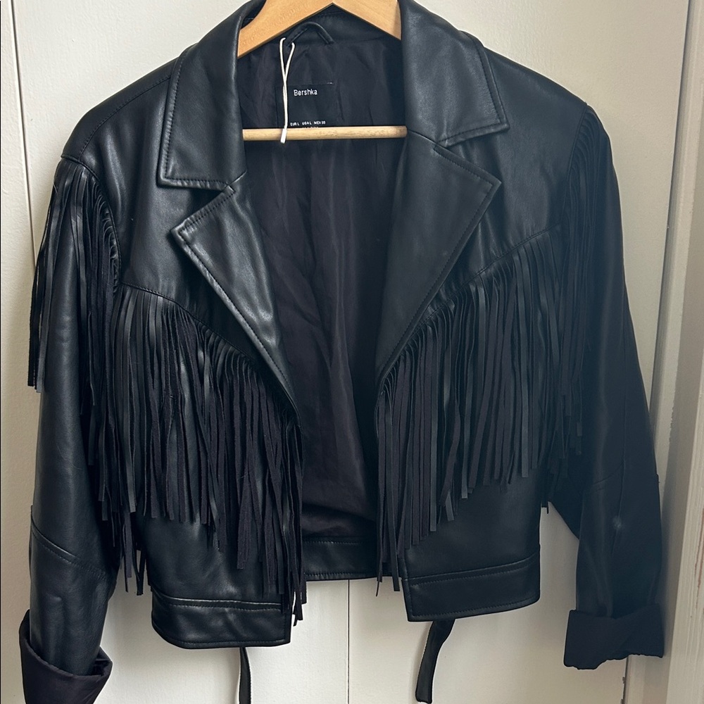 Bershka Black faux Leather Jacket with Fringe